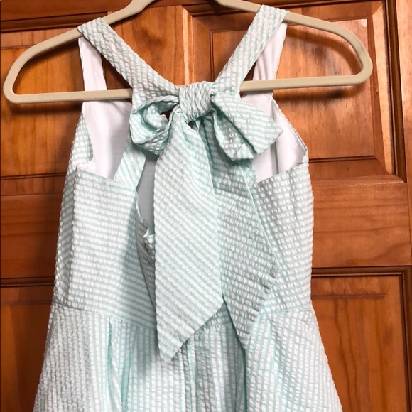 Girls Size 16 Rare Editions Seersucker Blue Striped Lined Sleeveless Dress Bow - Picture 5 of 10